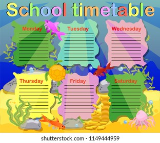 School timetable with marine themes, table, underwater world