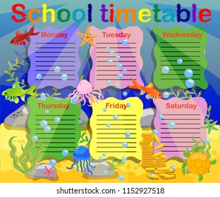 School timetable with marine themes, table, underwater world