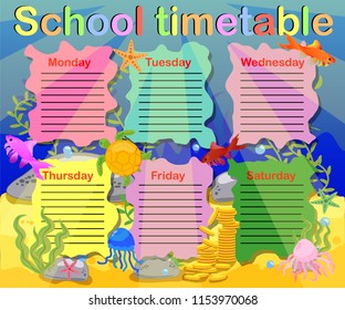 School timetable with marine themes, table, underwater world