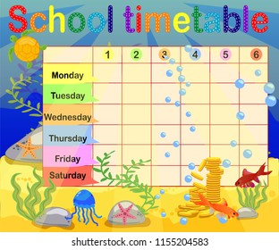 School timetable with marine themes, table, underwater world