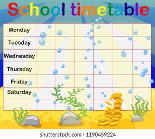 School timetable with marine themes, table, underwater world
