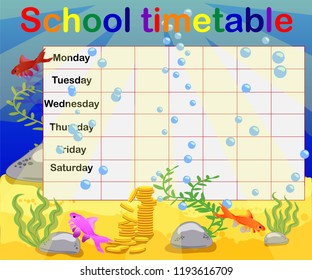 School timetable with marine themes, table, underwater world