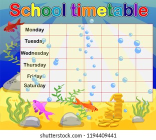 School timetable with marine themes, table, underwater world