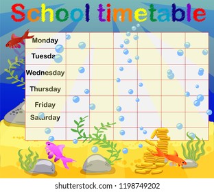 School timetable with marine themes, table, underwater world