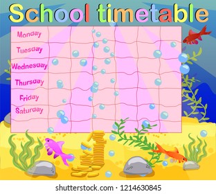 School timetable with marine themes, table, underwater world