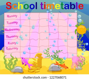 School timetable with marine themes, table, underwater world