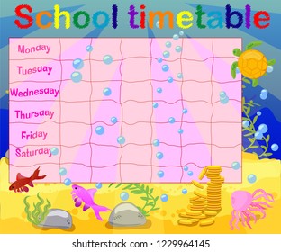 School timetable with marine themes, table, underwater world
