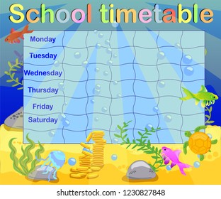 School timetable with marine themes, table, underwater world