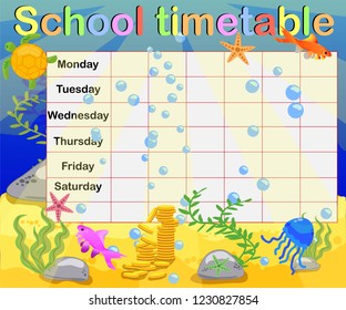 School timetable with marine themes, table, underwater world