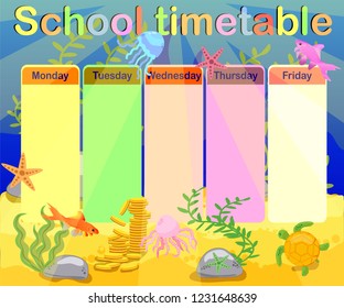 School timetable with marine themes, table, underwater world