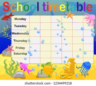 School timetable with marine themes, table, underwater world