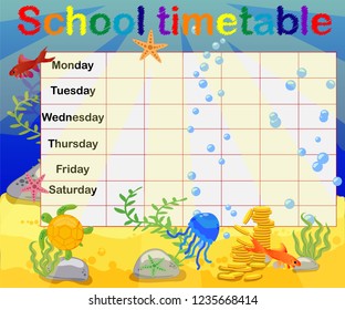 School timetable with marine themes, table, underwater world