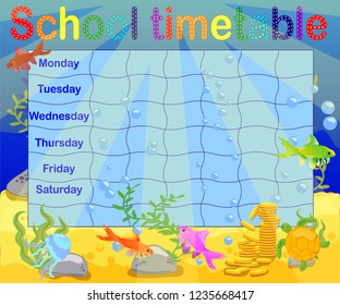 School timetable with marine themes, table, underwater world
