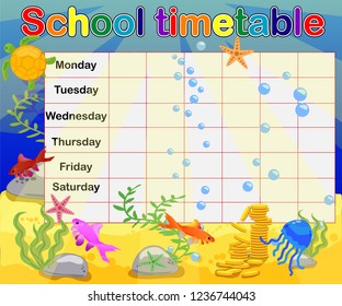 School timetable with marine themes, table, underwater world