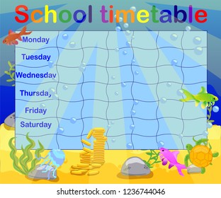 School timetable with marine themes, table, underwater world