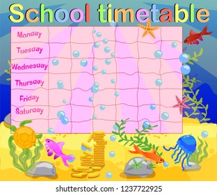 School timetable with marine themes, table, underwater world