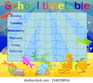 School timetable with marine themes, table, underwater world