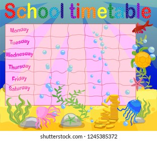 School timetable with marine themes, table, underwater world