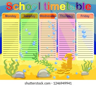 School timetable with marine themes, table, underwater world