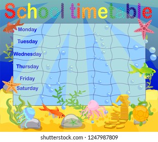 School timetable with marine themes, table, underwater world