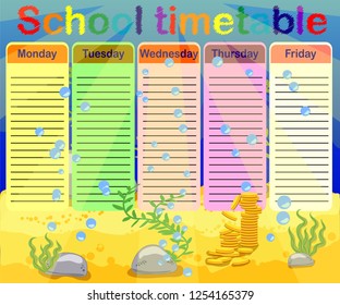 School timetable with marine themes, table, underwater world