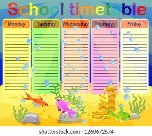 School timetable with marine themes, table, underwater world