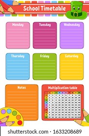 School timetable with multiplication table. For the education of children. Isolated on a white background. With a cute cartoon character.