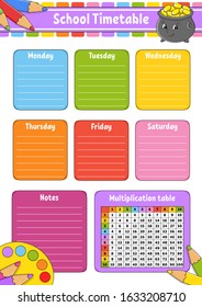 School timetable with multiplication table. For the education of children. Isolated on a white background. With a cute cartoon character.