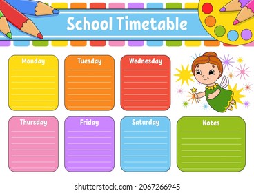 School timetable with multiplication table. For the education of children. Isolated on a white background. With a cute cartoon character.