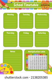 School timetable with multiplication table. For the education of children. Isolated on a white background. With a cute cartoon character.