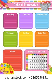 School timetable with multiplication table. For the education of children. Isolated on a white background. With a cute cartoon character.