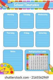 Calendario escolar con tabla de multiplicación. Para la educación de los niños. Aislado sobre un fondo blanco. Con un lindo personaje de dibujos animados.