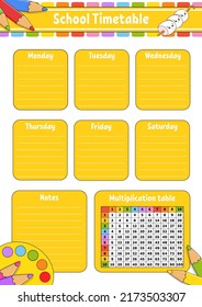 School timetable with multiplication table. For the education of children. Isolated on a white background. With a cute cartoon character.