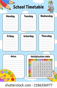 School timetable with multiplication table. For the education of children. Isolated on a white background. With a cute cartoon character.