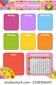 Calendario escolar con tabla de multiplicación. Para la educación de los niños. Aislado sobre un fondo blanco. Con un lindo personaje de dibujos animados. Ilustración vectorial.