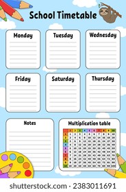 School timetable with multiplication table. For the education of children. Isolated on a white background. With a cute cartoon character. Vector illustration.