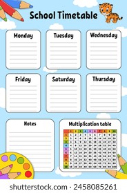 School timetable with multiplication table. For the education of children. Isolated on a white background. With a cute cartoon character. Vector illustration.