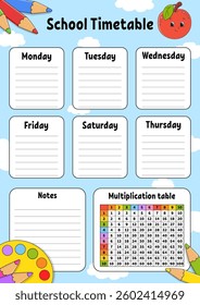 School timetable with multiplication table. For the education of children. Isolated on a white background. With a cute cartoon character. Vector illustration.
