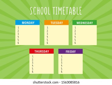 School timetable with notes on the green background. Vector everyday planner for kids. A4 scaled standard size