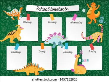 School Timetable on blackboard for any planning.Weekly lesson schedule on schoolkid notebook paper sheets on green chalkboard background with sketches of school supplies and drawn dinosaur characters.