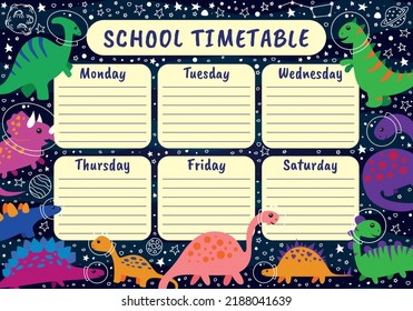 School timetable on a dark background with astronaut dinosaurs. School timetable with dinosaurs.