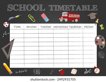  School timetable on the dark background of small details from school life Vector illustration education concept timetable template