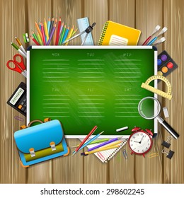 School timetable on green classroom chalkboard with supplies tools on wood background. School hand drawn schedule. Layered realistic vector illustration.