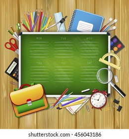 School timetable on green classroom chalkboard with supplies tools. School hand drawn schedule. Layered realistic vector illustration on wood background.