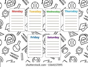 School timetable on the monochrome repeatable background with school supplies. Vector weekly planner for children. A4 scaled standard size
