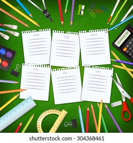 School timetable on sheets of checkered paper with supplies tools on green classroom chalkboard. School hand-drawn schedule on notepad pages. Layered realistic vector illustration.