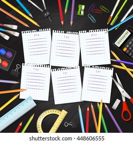 School timetable on sheets of checkered paper with supplies tools on black classroom chalkboard. Hand-drawn schedule on notepad pages. Layered realistic vector illustration.