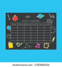school timetable over blackboard with school icons childrawning cartoon. back to school. vector illustration