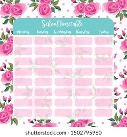 school timetable over cute pink roses with leaves background. Vector illustation