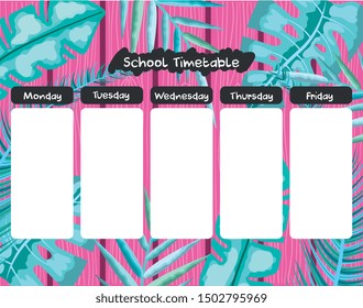 school timetable over foliage leaves with pink background. vector illustation